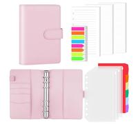 AKONEGE A6 6 Ring Binder PU Leather Refillable Notebook with 135PCS A6 Refill Papers, 3PCS Binder Pockets, 6PCS Index Dividers, Sticky Tabs, Planner Organizer for Travel Work School, Pink