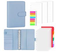 AKONEGE A6 6 Ring Binder PU Leather Refillable Notebook with 135PCS A6 Refill Papers, 3PCS Binder Pockets, 6PCS Index Dividers, Sticky Tabs, Planner Organizer for Travel Work School, Airy Blue