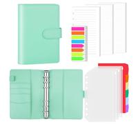 AKONEGE A6 6 Ring Binder PU Leather Refillable Notebook with 135PCS A6 Refill Papers, 3PCS Binder Pockets, 6PCS Index Dividers, Sticky Tabs, Planner Organizer for Travel Work School, Light Green
