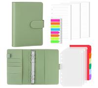 AKONEGE A6 6 Ring Binder PU Leather Refillable Notebook with 135PCS A6 Refill Papers, 3PCS Binder Pockets, 6PCS Index Dividers, Sticky Tabs, Planner Organizer for Travel Work School, Matcha Green