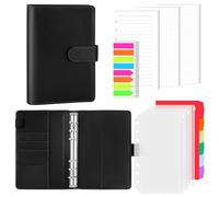 AKONEGE A6 6 Ring Binder PU Leather Refillable Notebook with 135PCS A6 Refill Papers, 3PCS Binder Pockets, 6PCS Index Dividers, Sticky Tabs, Planner Organizer for Travel Work School, Black