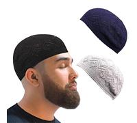 AKONNAS 3Pcs Knitting Turkish Muslim Kufi Hats for Men Solid Color Stretch Crochet Caps Islamic Skull Caps Ramadan Eid Gifts(Black Gray Blue), Black Gray Blue, One size