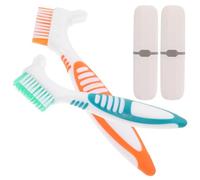 AKOOSY 2 Sets Denture Brush Double Sided with Non-Slip Handle and Carrying Case for False Teeth Cleaning, Ergonomically Angled Pp and Fiber Material Suitable for Social Scenarios