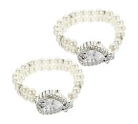 AKOOSY 2pcs Elegant Women S Quartz Watch with Heart-Shaped Crystal Dial and Double Row Faux Pearl Elastic Bracelet Decorative Bling Wristwatch for Stylish Ladies