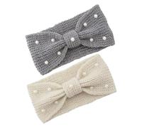 AKOOSY 2pcs Knitted Pearl Bowknot Ear Warmers Headband for Women Soft Breathable Cable Knit Turban Hair Wrap Scarf Vintage Style Winter Ear Scarf Comfortable and Stylish Accessory