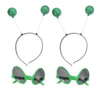 AKOOSY 4pcs Alien Cosplay Party Glasses Hair Hoops Set, Decorative Funny Eyeglasses Headdress with Green Frame and Grey Lens, Costume Accessories for Festival and Dress Up Random Color