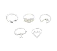 AKOOSY 5pcs Silver Alloy Hollow Rings for Women Including Loving Heart Plane Waves Leaf Designs Lightweight Durable Fashion Jewelry for Daily Wear and Parties
