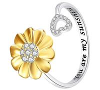 AKOOSY Adjustable Sunflower Flower Ring for Women Alloy Open Heart Band Rhinestone Accent Vintage Style Jewelry