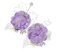 AKOOSY Artificial Wedding Wrist Corsage and Boutonniere Set Light Purple Floral Bracelet and Chest Pin for Bride Groom Bridesmaids Lightweight Comfortable Everlasting Freshness Suitable