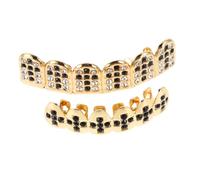 AKOOSY Golden Plated Rhinestone Teeth Grill Hip Hop Vampire Fang Tooth Caps for Men Women Lightweight Comfortable Fit for Halloween Party Cosplay and Photo Shoots