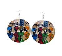AKOOSY Handmade Natural Wooden African Earrings for Women Lightweight Geometric Round Wood Jewelry with Cartoon Pattern Unique Personality Statement Accessory for Summer Beach Parties and