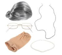 AKOOSY Old Lady Wig Cosplay Set with Grey Grandma Wig Gold Frame Glasses Pearl Necklace Glasses Chain Durable Party Supply for Stage Performances and Fancy Dress Events