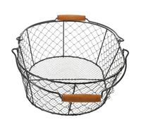 AKOOSY Rustic Metal Wire Basket with Wood Handle - Small Black Vintage Wire Kitchen Basket for Eggs, Snacks, Firewood Storage - Versatile Pantry and Countertop Organizer for Home