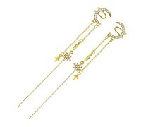 AKOOSY Star Moon Ear Clip Earrings with Rhinestone Dangle Chain No Piercing Alloy Ear for Women and Elegant Night Design Fashion Jewelry Accessory