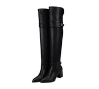 AKOOSY Woman Thick Heel Knee Above Long Boots PU Over Knee High Boots with Rubber Sole Warm Autumn Winter Fashion Footwear for Outdoor Party Work Black