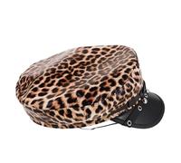 AKOOSY Women’s Leopard Print Pu Leather Punk Beret Cap, Flat Top Newsboy Hat for Autumn Winter Casual Wear, British Style Baker Boy Hat for Women Brown