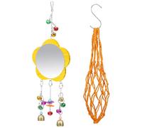 AKOOSY Yellow Pet Foraging Net Bag with S-hook + Yellow-edged Wooden Clover Mirror, Chicken Feeder Net Bag and Interactive Poultry Set for Coop Feeding and Enrichment