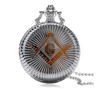 Akopiuto Bronze Masonic Freemasonry Chrome Square and Compass Mason Retro Necklace Pendant Quartz Pocket Watch Best Gifts for Freemason Silver
