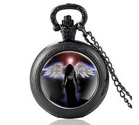 Akopiuto Classic Unique Guardian Angel Design Silver Vintage Quartz Pocket Watch Men Women Glass Dome Pendant Necklace Hours Clock Gifts Black