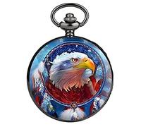 Akopiuto US Flag Element Flying Eagle Design Quartz Pocket Watch Punk Black Pocket Chain Pendant Watch Gifts for Men Women C