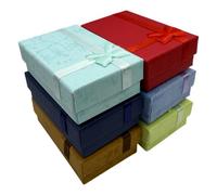 AKORD 12 x Luxury Jewellery Gift Boxes - Small Cardboard Presentation Boxes with Satin Bows - Ideal for Necklaces, Pendants, Earrings, Rings & Bracelets - 5 x 8 x 2.5cm, Red, Green, Blue, Brown