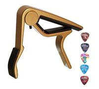 AKORD Quick Change Capo + 5 Picks for 6-String Acoustic & Electric Guitars, Classical Guitar & Ukulele - One-Handed Trigger Design, No Buzz, Lightweight & Durable - Gold