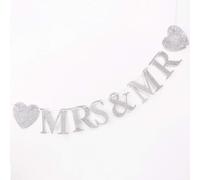 AKORD Silver Glitter MR & MRS with Heart Garland Wedding Event Party Sign Bunting Banner Hanging Decoration Gift Photo Prop