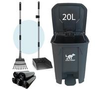 AkoSlale Dog Poo Bin for Garden with Rake, 20L Outdoor Pedal Waste Bin | Stainless steel rake & dustpan; Grey plastic; odour-control lid; 100 bags; lawns gravel; dog poop bin