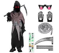 Akosuntoys Halloween Grim Reaper Costume for Kids, Halloween Boys Costume with Red Glowing Eyes, Includes Gloves and Scythe