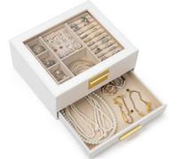 AKOZLIN 2-Tier Jewelry Box with Clear Glass Lid Functional Leather Jewelry Storage Organizer Case 1 Drawers for Women Girls Necklace Ring Bracelet Earring White