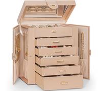 AKOZLIN 6-Tier Jewelry Box Organizer Functional 5 Drawers Leather Jewelry Storage Case for Women Girls Ring Necklace Earring Bracelet Holder Organizer with Mirror Champagne