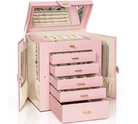 AKOZLIN 6-Tier Jewelry Box Organizer Functional Leather Jewelry Storage Case for Women Girls Ring Necklace Earring Bracelet Holder Organizer with Mirror