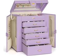 AKOZLIN Extra Large 6-Tier Jewelry Box Organizer Functional Huge, 5 Drawers Leather Jewelry Storage Case for Women Girls Ring Necklace Earring Bracelet Holder Organizer with Mirror Violet