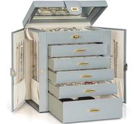 AKOZLIN Extra Large 6-Tier Jewelry Box Organizer Functional Huge, 5 Drawers Leather Jewelry Storage Case for Women Girls Ring Necklace Earring Bracelet Holder Organizer with Mirror Grey