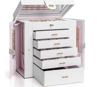AKOZLIN Extra Large 6-Tier Jewelry Box Organizer with Mirror, 5 Drawers Leather Jewelry Storage Case for Women Girls Ring Necklace Earring Bracelet White
