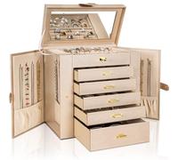 AKOZLIN Huge Jewelry Box Organizer Functional Extra Large Leather Jewelry Storage Case for Women Girls Ring Necklace Earring Bracelet Holder Organizer with Mirror