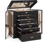 AKOZLIN Huge Jewelry Box Organizer Functional Lockable, Extra Large Leather Jewelry Storage Case for Women Girls Ring Necklace Earring Bracelet Holder Organizer with Mirror Black