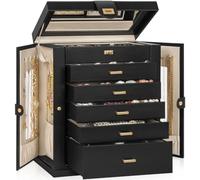 AKOZLIN Jewellery Box Organizer with 6 Shelves Functional 360° Rotating Jewellery Storage Case for Women and Girls Ring Holder Necklace Earrings Bracelets with Mirror