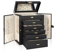 AKOZLIN Large Jewelry Box Organizer Functional with Big Mirror, Leather Jewelry Storage Case for Women Girls Ring Necklace Earring Bracelet Holder Organizer