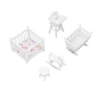 Akozon Akozon 1:12 Scale Dollhouse Nursery Furniture Set - Miniature Baby Crib, Bassinet, High Chair, Hobbyhorse, Round Stool - Birch Wood Dollhouse Accessories