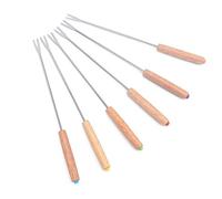 Akozon Color Coded Fondue Forks - 6pcs Multifunctional Stainless Steel Wooden Handle Fork Cheese Fondue, Chocolate Fountain, and Fruit - Sharing Hot Pot Meals
