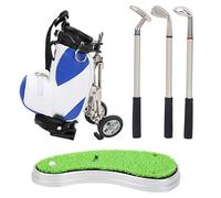 Akozon Desktop Pen Set with Bag 3 Ballpoint Pens & Simulated Green Lawn Base Alloy Theme Decor for Office Desk, Golfers (Blue White)