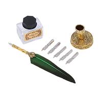 Akozon Exquisite Vintage Feather Pen Set - Elegant Stainless Steel Quill with Smooth Writing Experience and Ink Bottle (Green)