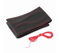 Akozon Leather Steering Wheel Wrap Cover Hand Stitching Embossing Needle Thread Universal 15in Stylish Black Red Blue Car Accessories (Black Red)