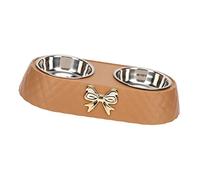 Akozon Stylish Bow Tie Pet Double Bowl Set - Stainless Steel Dog and Cat Feeding and Watering Bowls (Coffee)