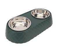 Akozon Stylish Bow Tie Pet Double Bowl Set - Stainless Steel Dog and Cat Feeding and Watering Bowls (Dark Green)