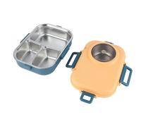 Akozon Thermal Lunch Box, Leak Proof Bento Lunch Box, 1100ml Double Layer 3 Grid Design Meal Prep Containers 304 Stainless Steel Bento Box with Chopsticks Spoon Soup Bowl (Blue Yellow)