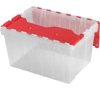 Akro-Mils KeepBox 45L Storage Container, Nesting and Stackable Plastic Storage Box with Lid Attached, Clear Tote for Garages, Closets, and Moving, 38.7 cm W x 54.6 cm D x 31.6 cm H, Clear/Red