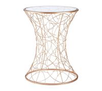 akron round glass side table with rose gold metal frame