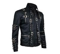 Aksah Fashion Men's Michael MJ King of Pop Bad Concert Tour Black Biker Cotton Jacket with Belted Costume